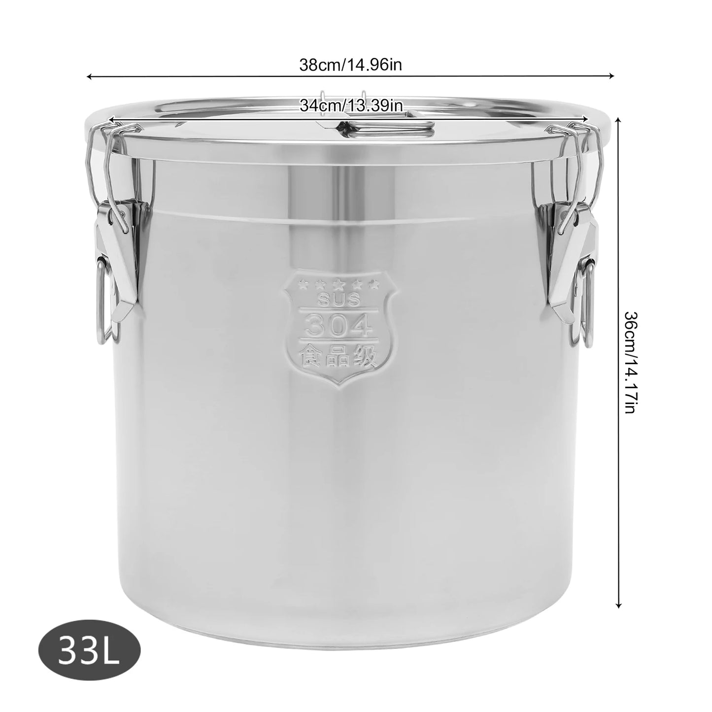 21/33L Stainless Steel Storage Bucket With Lids and 3 Sturdy Locking Clamp Storing Various Dry/Wet Items