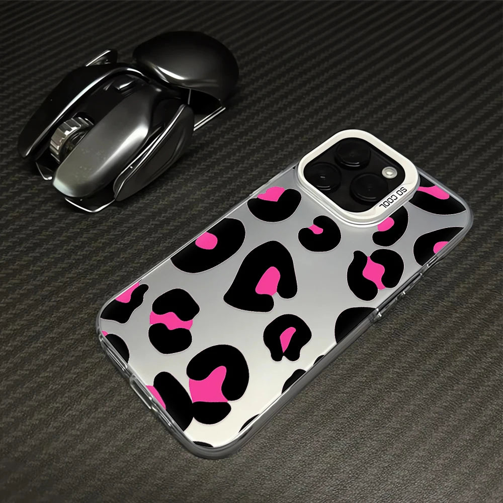 Leopard Print Electroplate Silver IMD Phone Case For iPhone 16 15 14 13 12 11 Pro Max 15 Plus Matte Shockproof Back Cover
