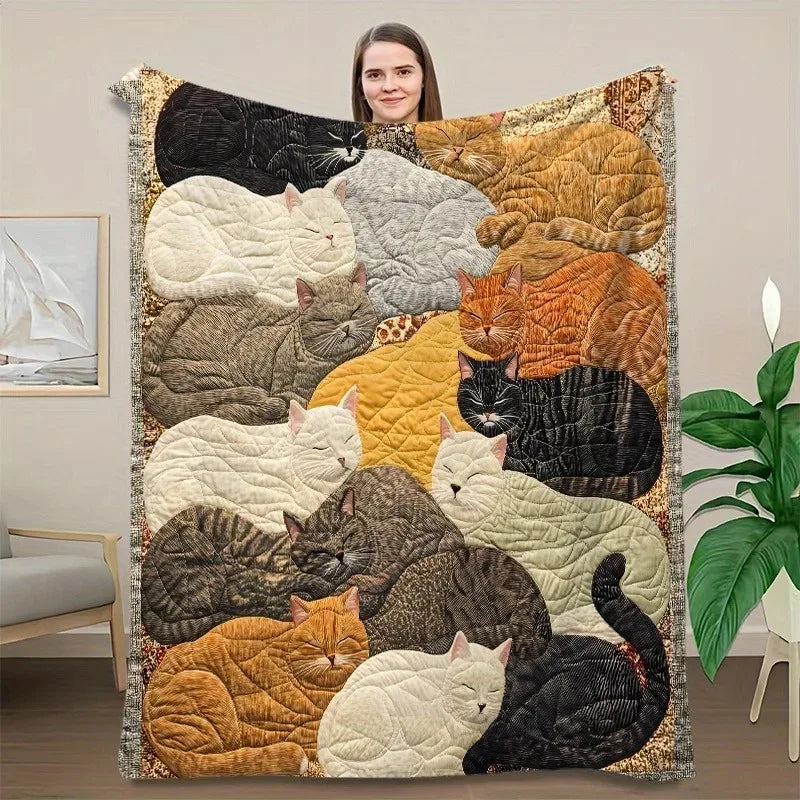 Creative Cat Print Flannel Blanket For Cozy All‑Season Travel.