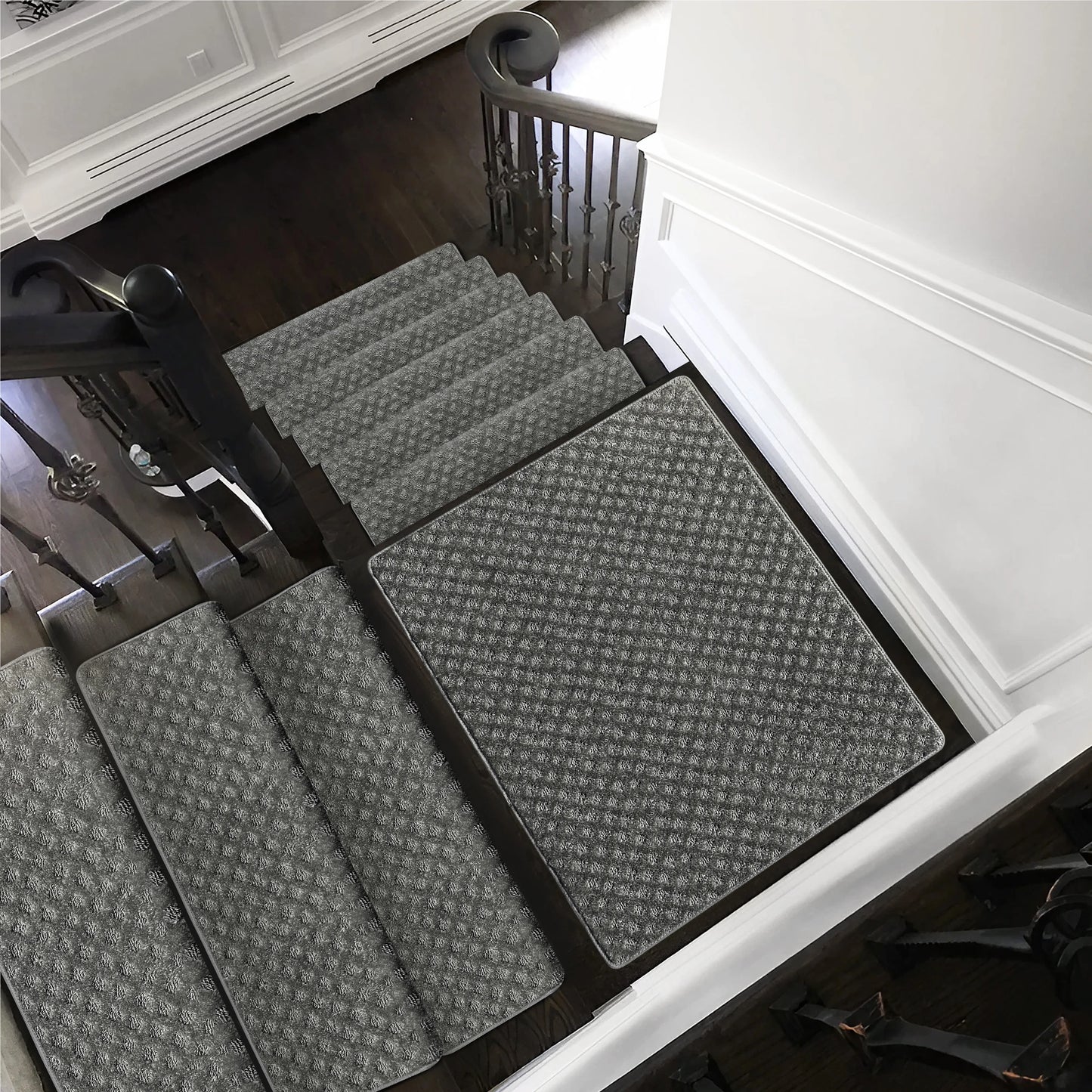 Non‑slip bullnose carpet stair treads, soft and washable.