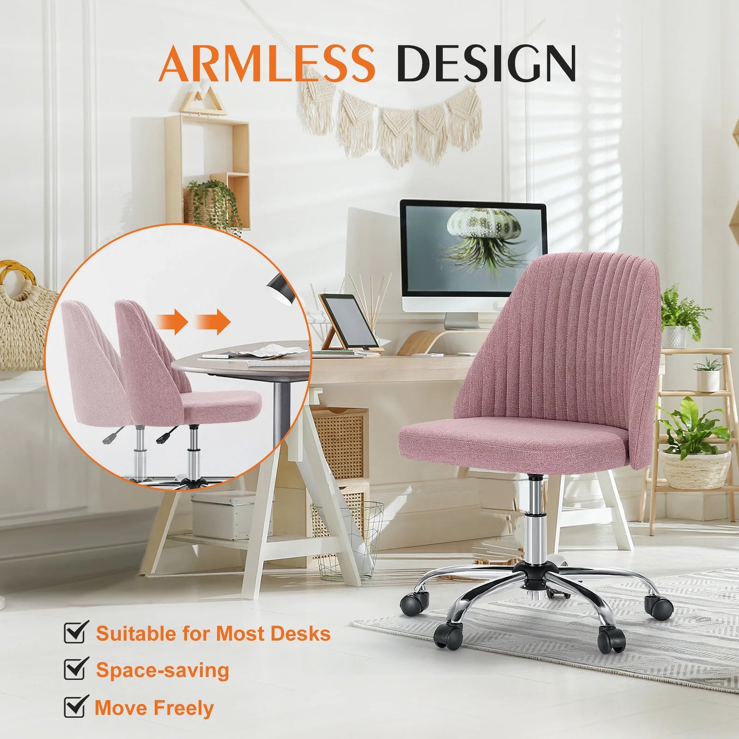 JHK Armless Small Desk Office Chair Cute Vanity Swivel Chair