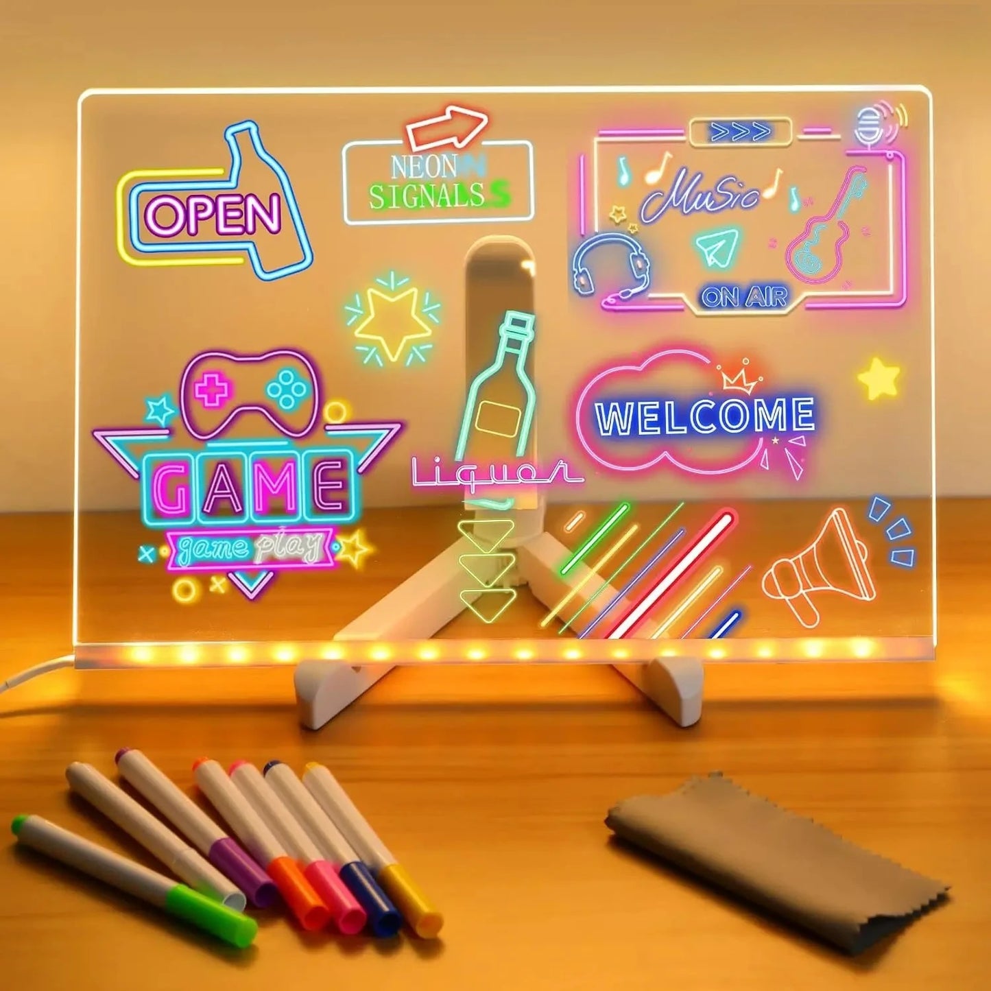 DIY LED Note Board With Night Light Colorful 7 Pens Acrylic Message Board Children‘s Drawing Board For Kids Birthday Gift