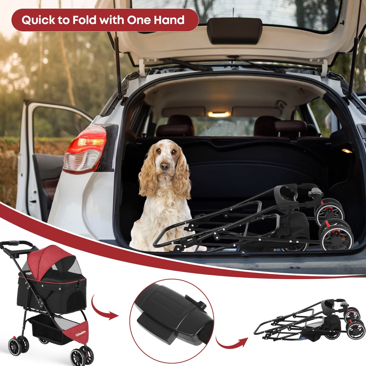 Foldable Three‑Wheel Pet Stroller With Breathable Canopy.
