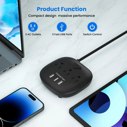 Power strip with switch, 3  power strip   , 3 USB Ports, 10ft Extension Cord, Quick Charge, Fire Resistant, For Home