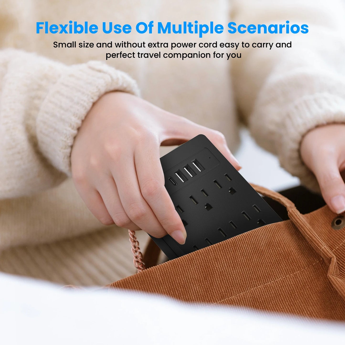 6 AC power strip, 3 USB ports, 1 USB-C fast charging port. The power strip surge protector provides overload protection for home