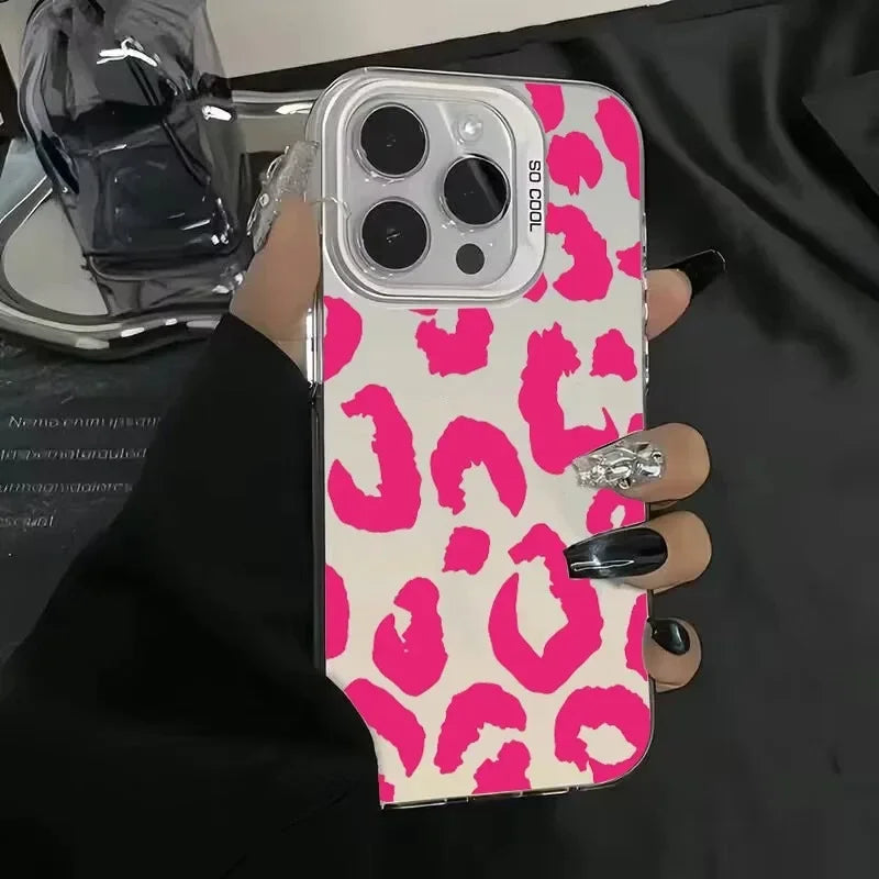 Leopard Print Electroplate Silver IMD Phone Case For iPhone 16 15 14 13 12 11 Pro Max 15 Plus Matte Shockproof Back Cover