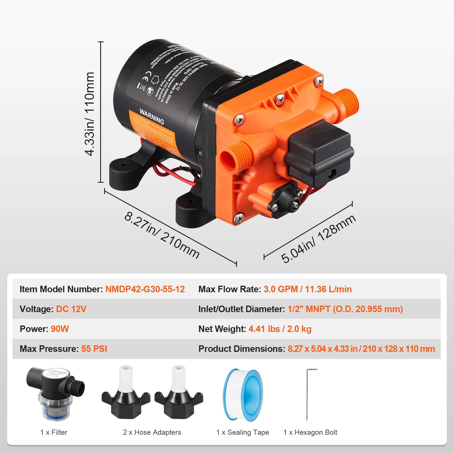 12V Diaphragm Pump 1.8/3/3.5/5 GPM 3/4/5-Chamber 40-100 PSI Adjustable 1/2'' MNPT Port for RV Yacht Food Truck Camper