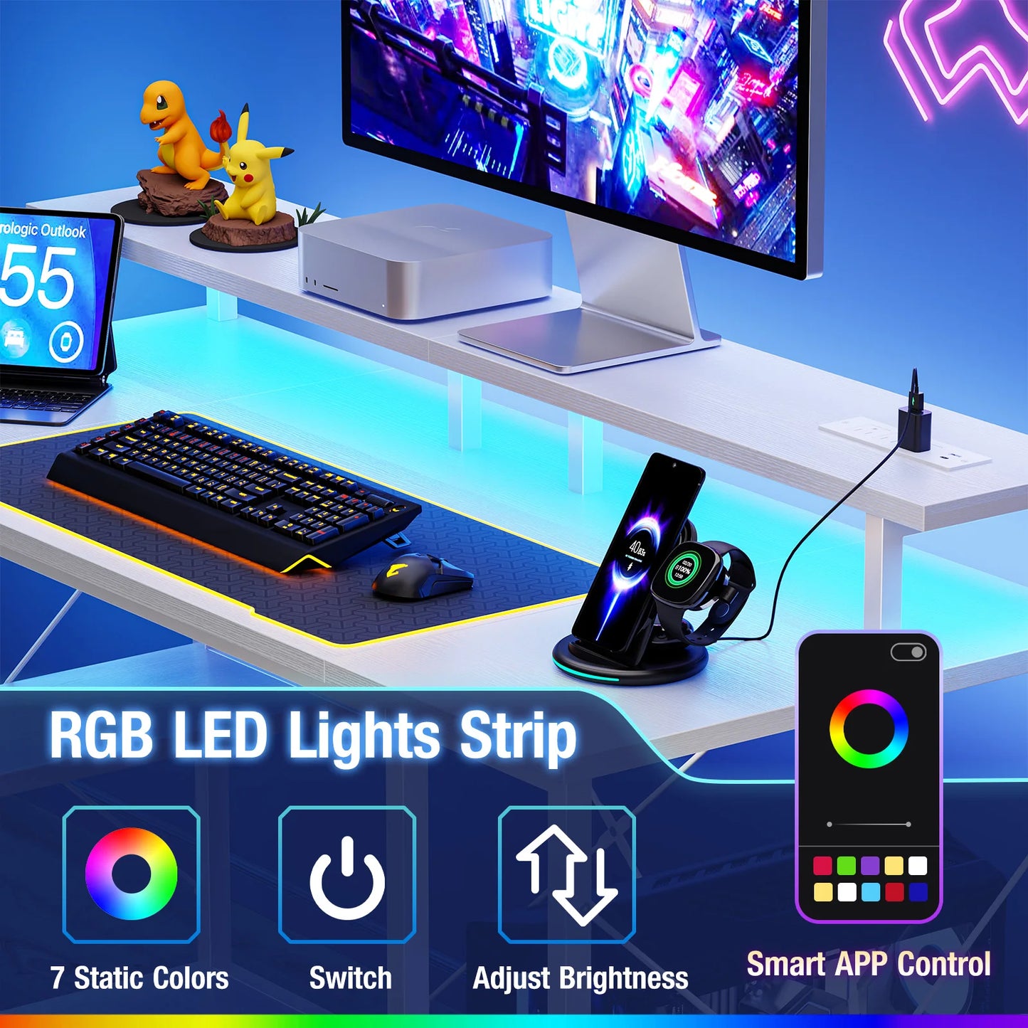 JHK 48‑Inch Computer Desk With Storage, Outlets, LED.