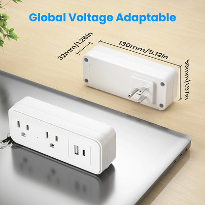 2 AC power sockets, 1 USB port, and 1 USB-C fast-charging port. This power strip features surge protection and provides overload