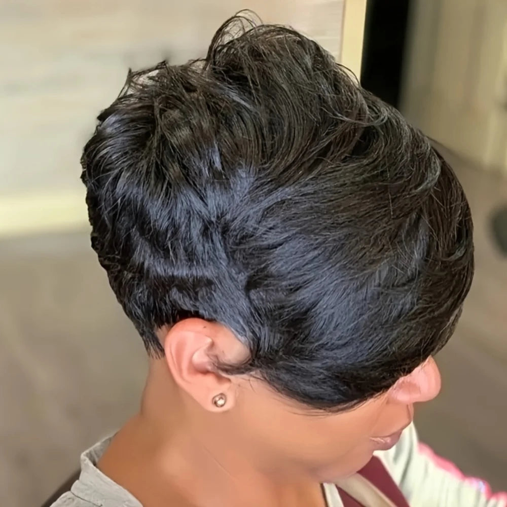 Short Pixie Cut Wig Human Hair Wig for Women Wig with Bangs Layered Wavy Full Machine Made Wig