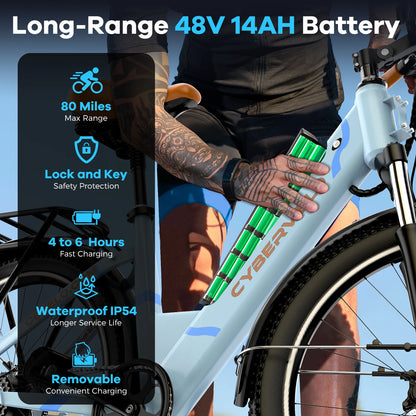 1000W Peak Electric Bike for Adults Cybervelo EK2 26" Step-Thru 14Ah Removable Battery 80Miles City Commuter Ebike