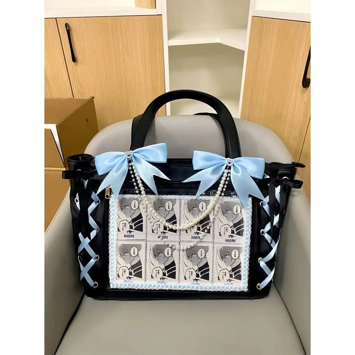 New Japanese Sweet Girl Ulzzang Ita Bag Ribbon Cute Handbag for Women Large Capacity Transparent DIY Badge One-shoulder Tote Bag
