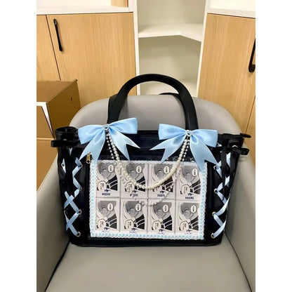 New Japanese Sweet Girl Ulzzang Ita Bag Ribbon Cute Handbag for Women Large Capacity Transparent DIY Badge One-shoulder Tote Bag