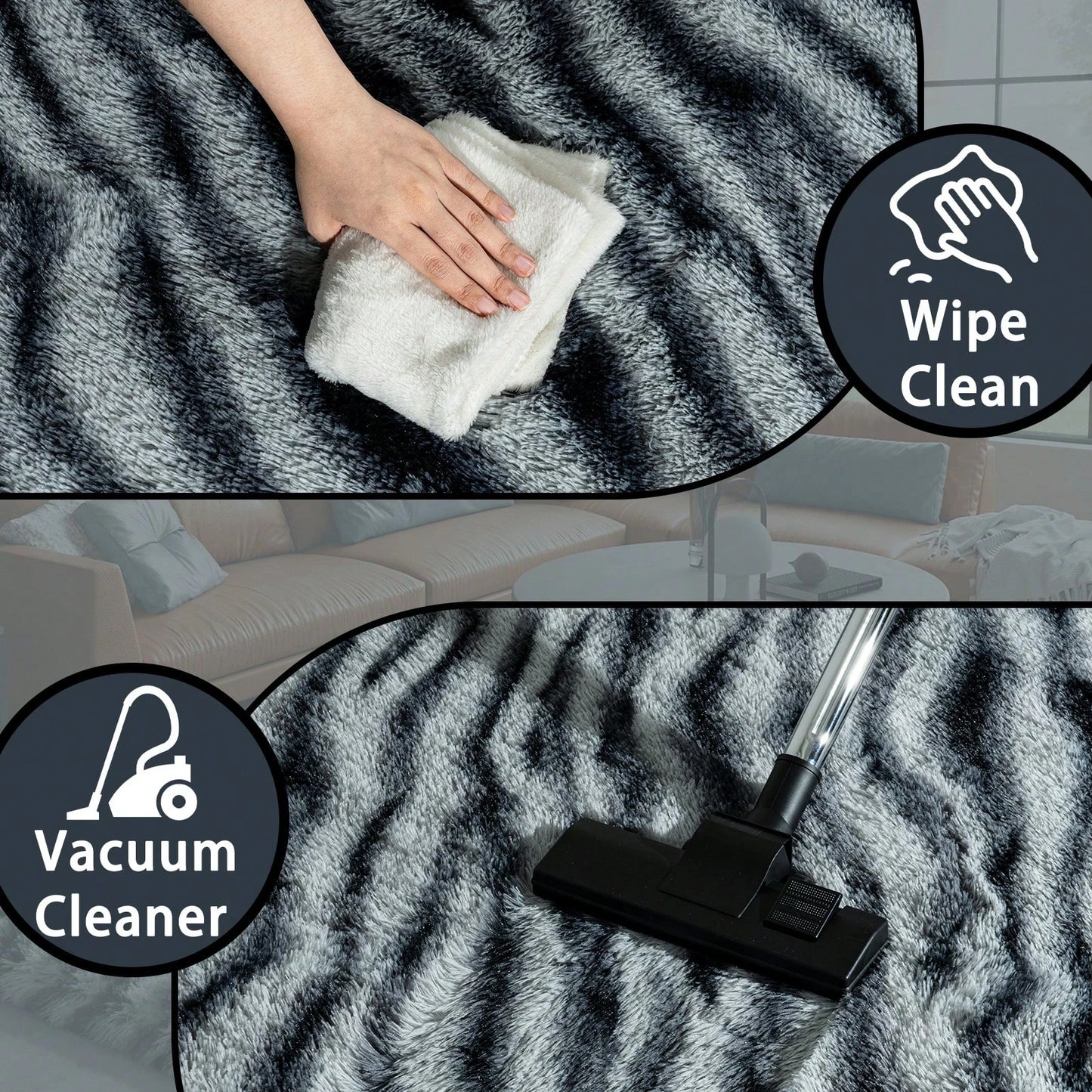 Super soft washable shag zebra‑print bedroom rug.