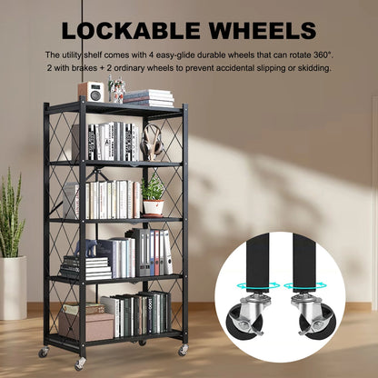 Heavy Duty Adjustable Five‑Tier Metal Shelving With Wheels.