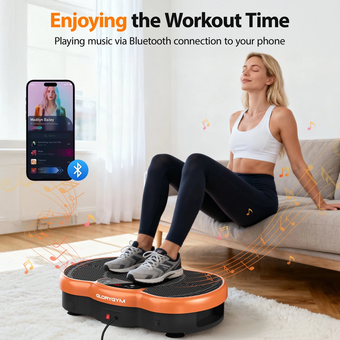 Bluetooth vibration plate; calorie-tracking, 120-level whole-body workout.