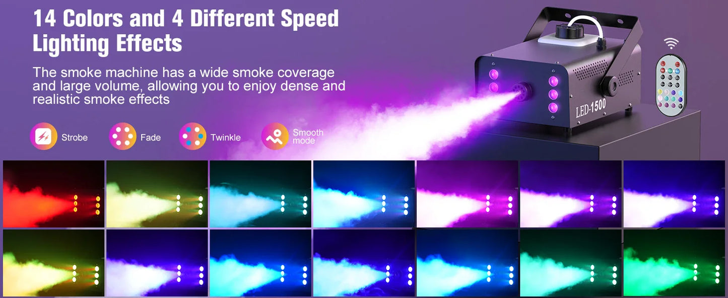 1500W Smoke Machine RGB 6 LED Fog Machine with Remote Control for DJ Disco Party Christmas Stage Effect Fogger Machine