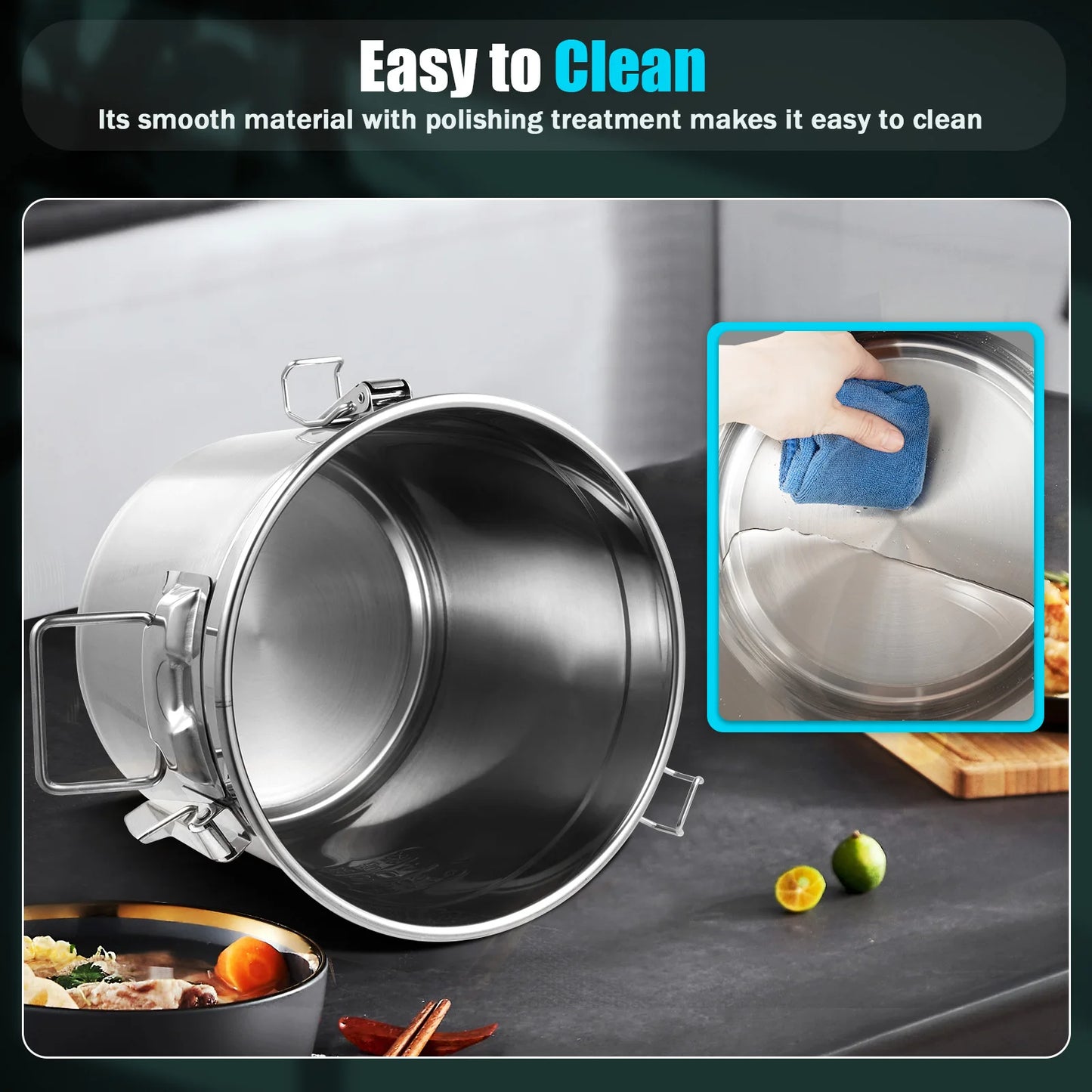 21/33L Stainless Steel Storage Bucket With Lids and 3 Sturdy Locking Clamp Storing Various Dry/Wet Items