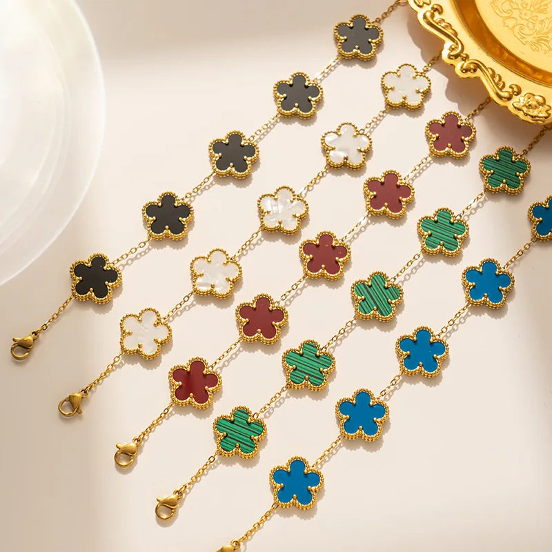 Classic Luxury Stainless Steel Clover Bracelet Adjustable Five-Leaf Flower Bangle Fashion Party Jewelry Gifts for Women