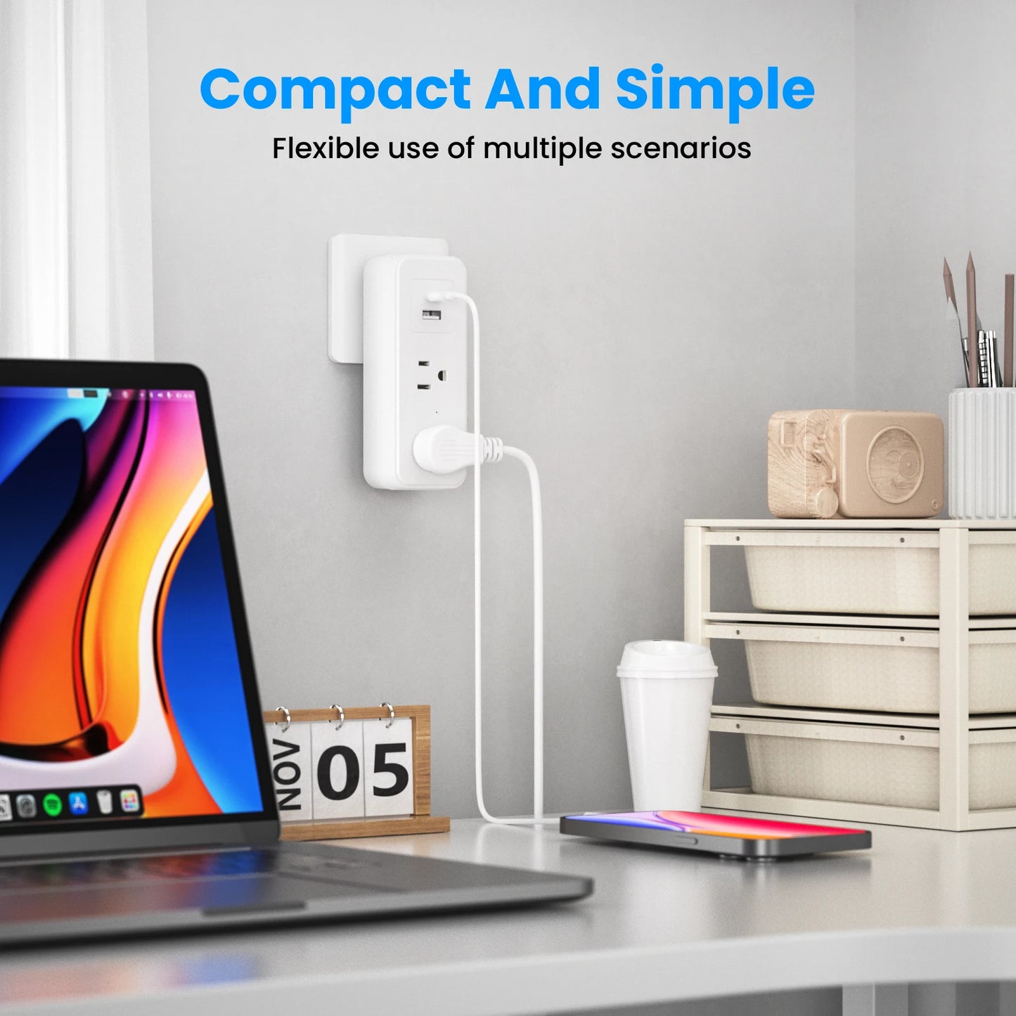 2 AC power sockets, 1 USB port, and 1 USB-C fast-charging port. This power strip features surge protection and provides overload