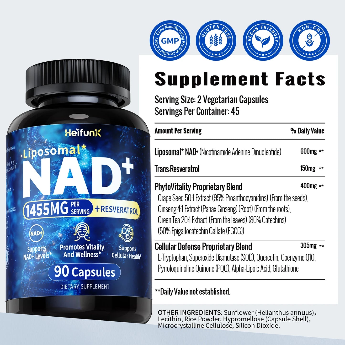 Supplement 1450mg NAD Resveratrol Supplement for Women and Men NAD+ Support Cellular Health Anti Aging 90 Count