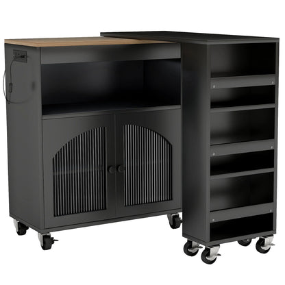US Kitchen Island On Wheels with Extended Table MDF Rolling Kitchen Storage Cart LED Light Power Outlets 2 Fluted Glass Doors
