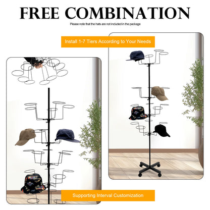7 Tier Hat Rack Black Freestanding Hat Stand Large Capacity Holds 35 Hats Rotating Display Shelf Space Saving Floor Organizer for Hats Shop Retail Store Home Easy Access