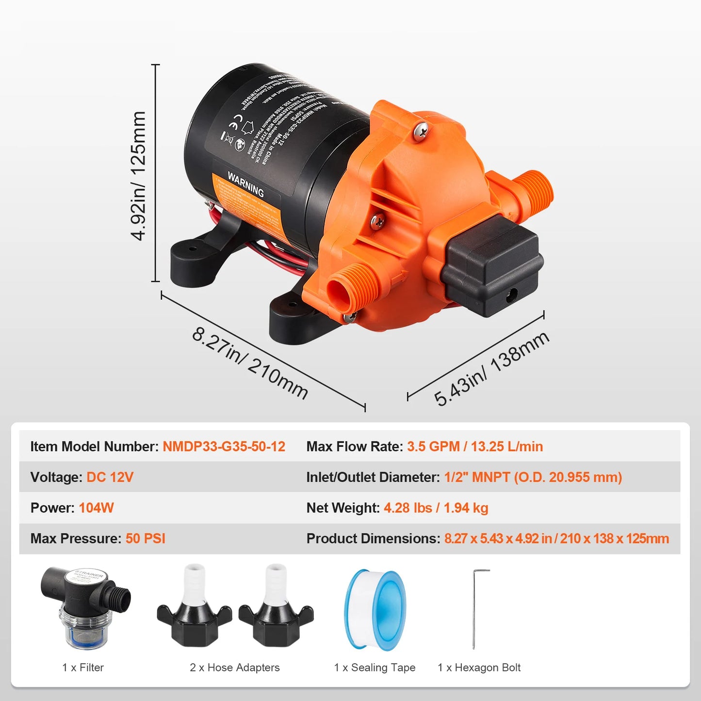 12V Diaphragm Pump 1.8/3/3.5/5 GPM 3/4/5-Chamber 40-100 PSI Adjustable 1/2'' MNPT Port for RV Yacht Food Truck Camper