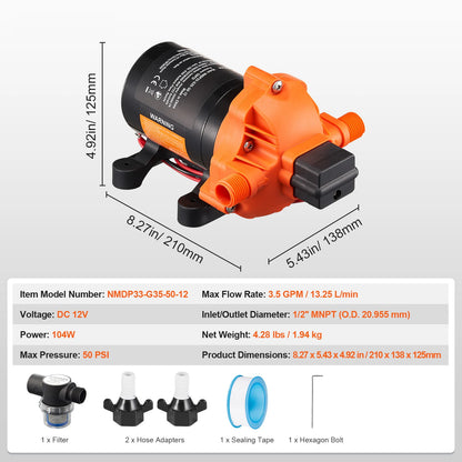 12V Diaphragm Pump 1.8/3/3.5/5 GPM 3/4/5-Chamber 40-100 PSI Adjustable 1/2'' MNPT Port for RV Yacht Food Truck Camper