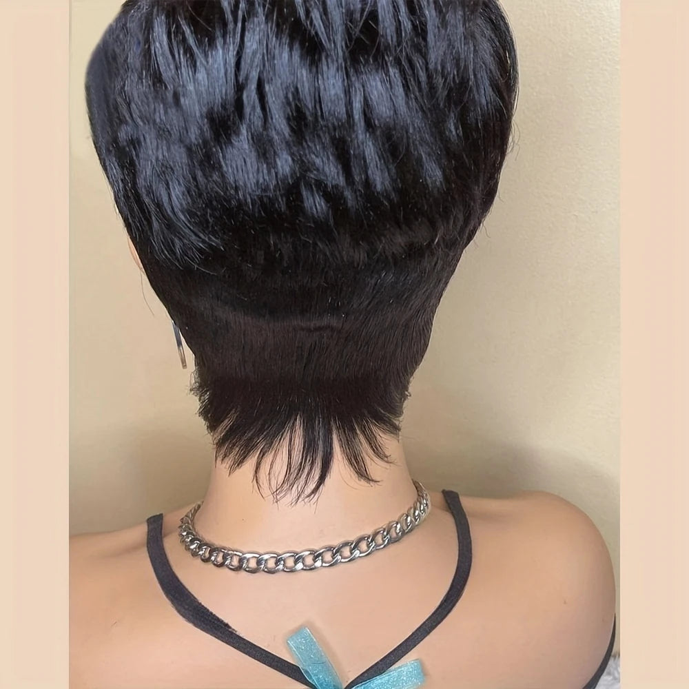 Short Pixie Cut Wig Human Hair Wig for Women Wig with Bangs Layered Wavy Full Machine Made Wig