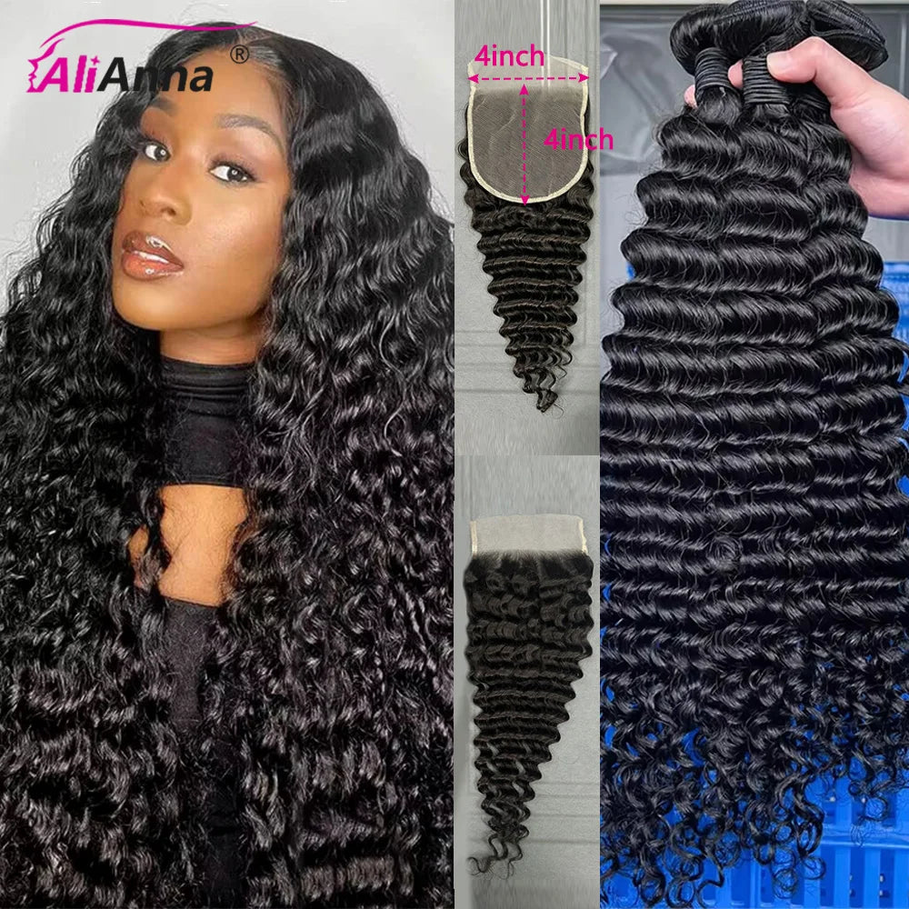 Deep Wave Human Hair Bundles And Weaves 22 24 26 Inch Burmese Curly Hair Bundles With Closure Human Hair 100% Raw Hair Bundles Deals And 4x4 Lace Closure Transparent HD Swiss Lace Preplucked With Baby Hair Brazilian Hair Exte