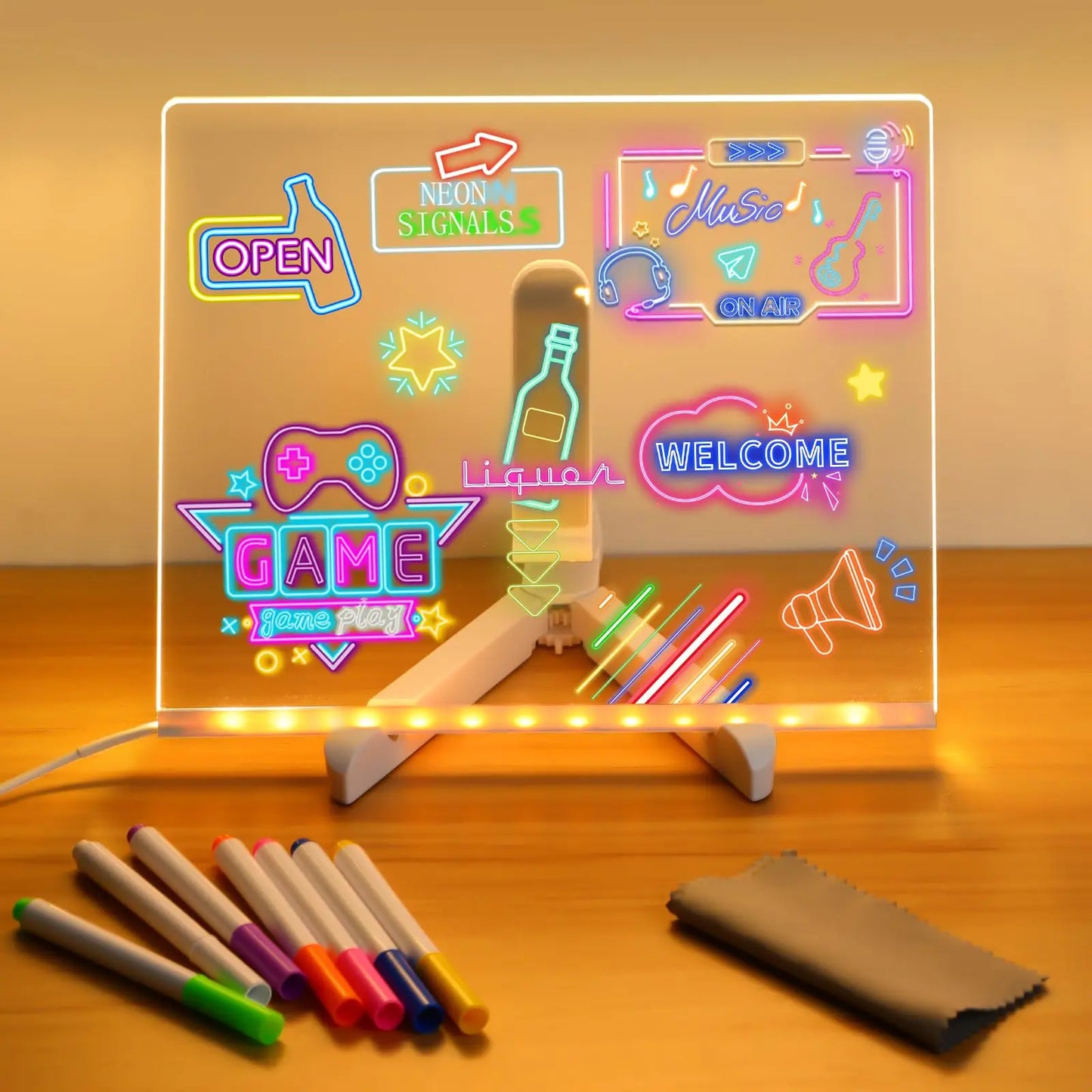 DIY LED Note Board With Night Light Colorful 7 Pens Acrylic Message Board Children‘s Drawing Board For Kids Birthday Gift