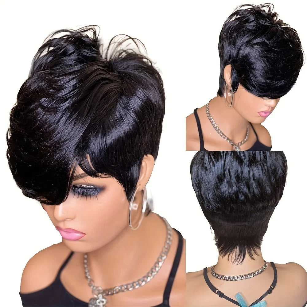 Short Pixie Cut Wig Human Hair Wig for Women Wig with Bangs Layered Wavy Full Machine Made Wig