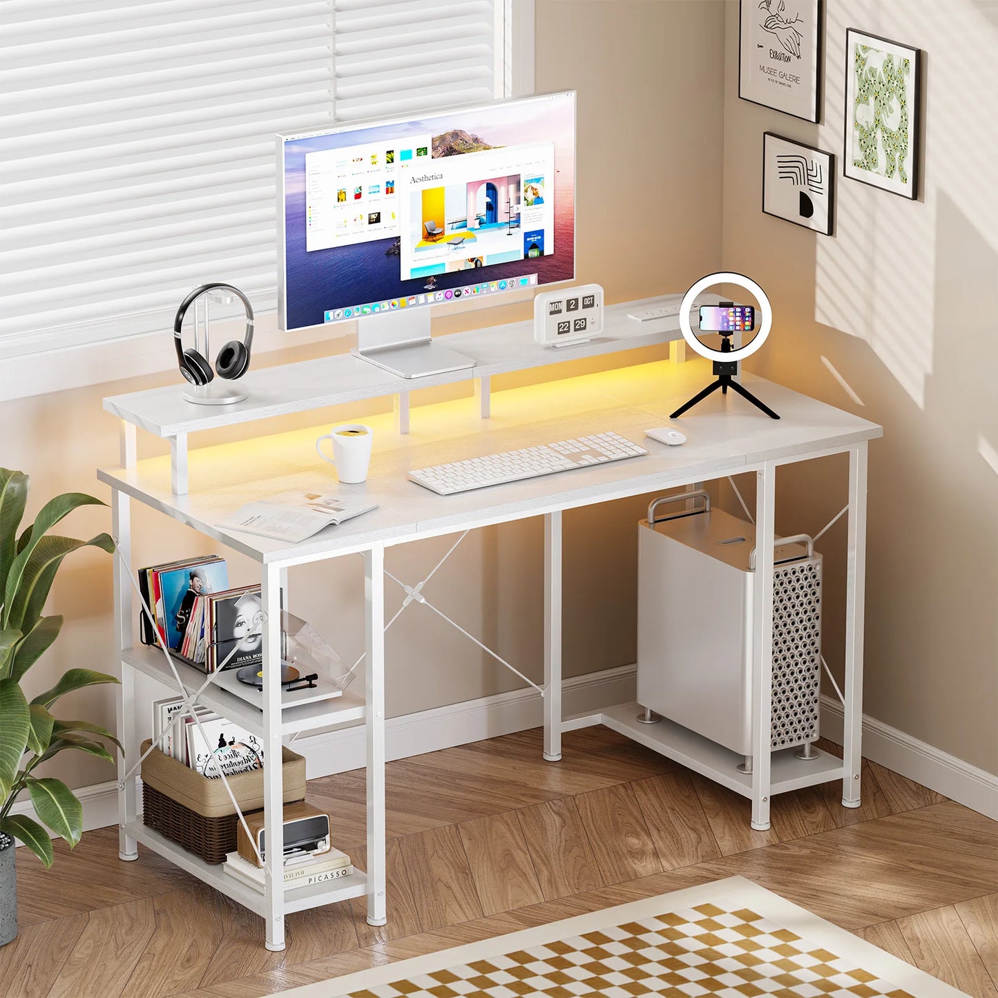 JHK 48‑Inch Computer Desk With Storage, Outlets, LED.