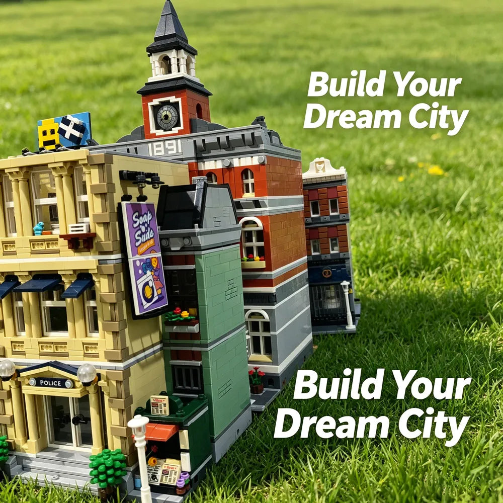 City House Street View Building Blocks Classic Architecture Collection Set Grand Emporium Police Station Town Hall Model Complete Square Scene Assembly Bricks Decorative Display Toy Ideal Holiday Birthday Gift For Collectors