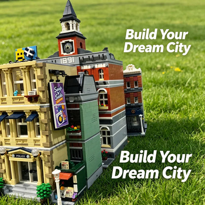 City House Street View Building Blocks Classic Architecture Collection Set Grand Emporium Police Station Town Hall Model Complete Square Scene Assembly Bricks Decorative Display Toy Ideal Holiday Birthday Gift For Collectors