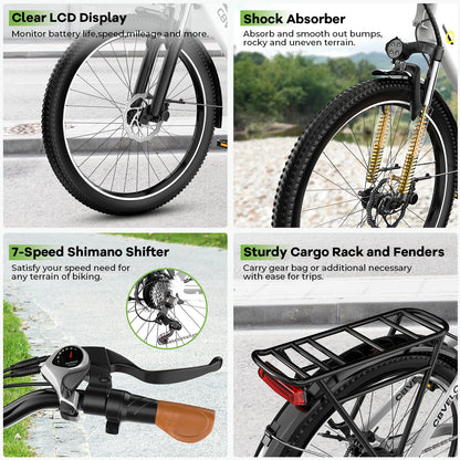 1000W Peak Electric Bike for Adults Cybervelo EK2 26" Step-Thru 14Ah Removable Battery 80Miles City Commuter Ebike