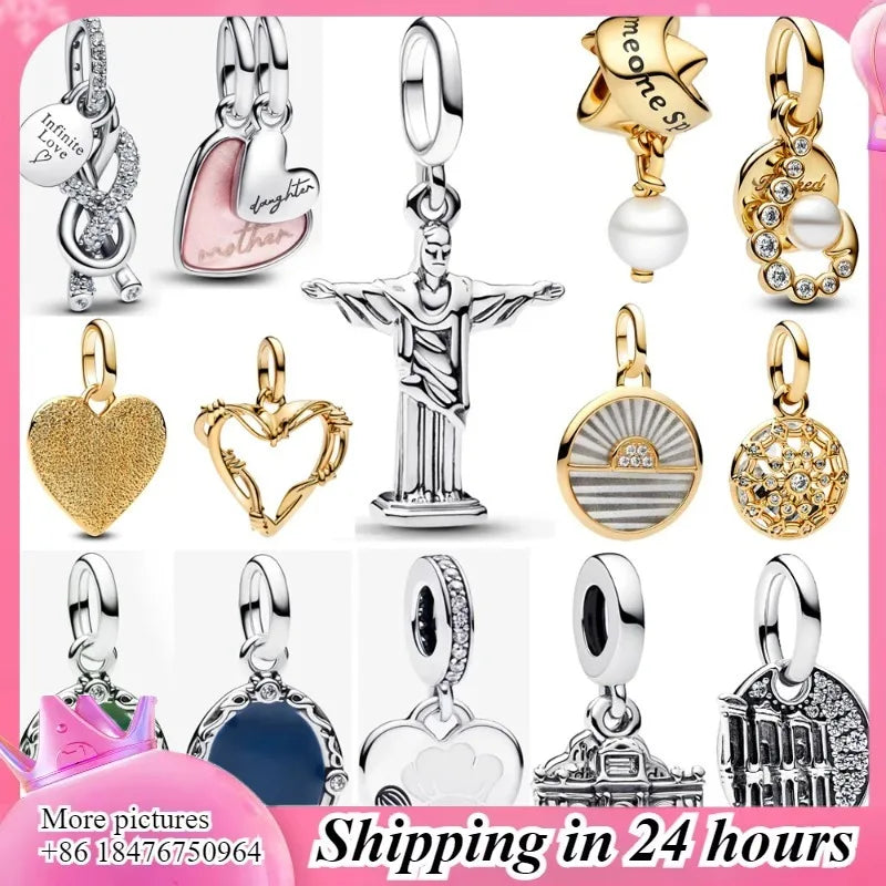 925 Sterling Silver – Mother & Daughter Heart & Star Charms, Glass Hearts & Architectural Designs, DIY Pendants