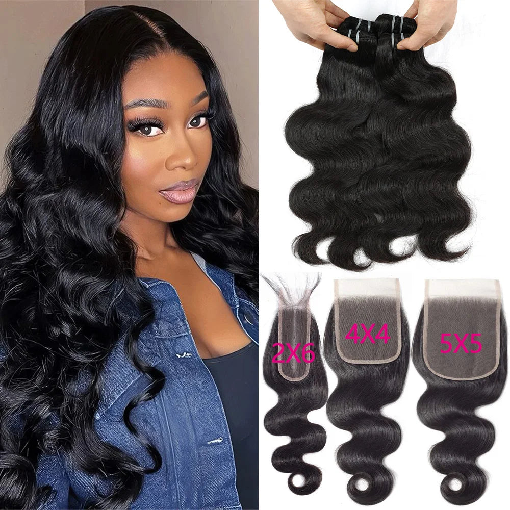 15A Double Drawn Human Hair Bundle And Closure 100% Raw Human Hair Body Wave Human Hair Bundles With 4X4 Lace Closure 5X5/2X6