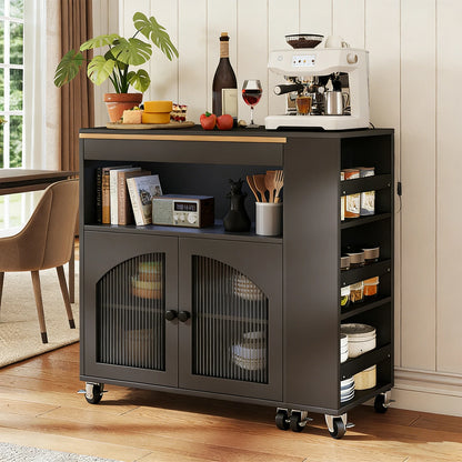 US Kitchen Island On Wheels with Extended Table MDF Rolling Kitchen Storage Cart LED Light Power Outlets 2 Fluted Glass Doors
