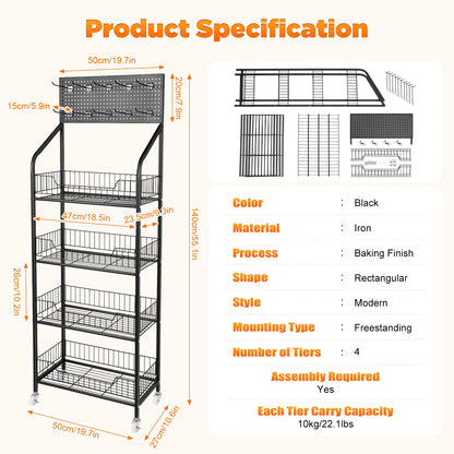 Four Tier Display Snack Rack With Universal Wheels.