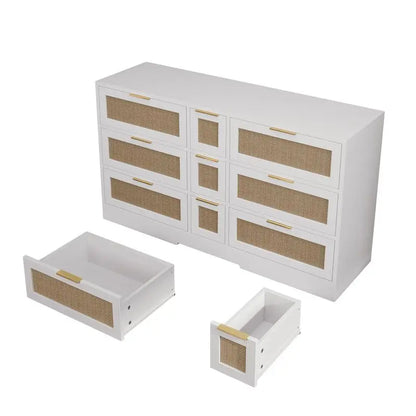 Rattan Dresser With Nine Drawers.