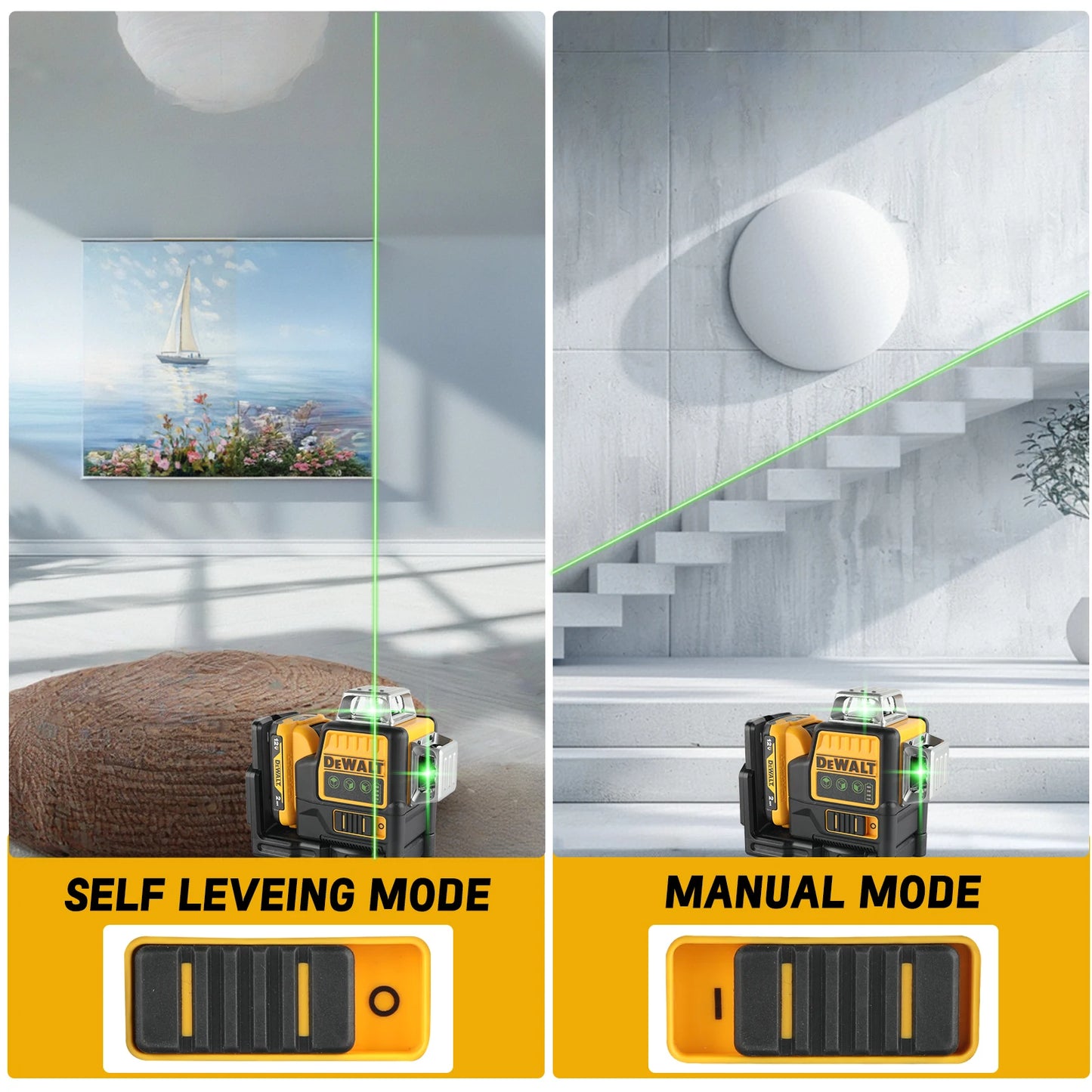 DW089LG 12V Lithium Green Laser Level - 3 Sided 360° Vertical & Horizontal, 12 Line, Ideal for Indoor/Outdoor Projects