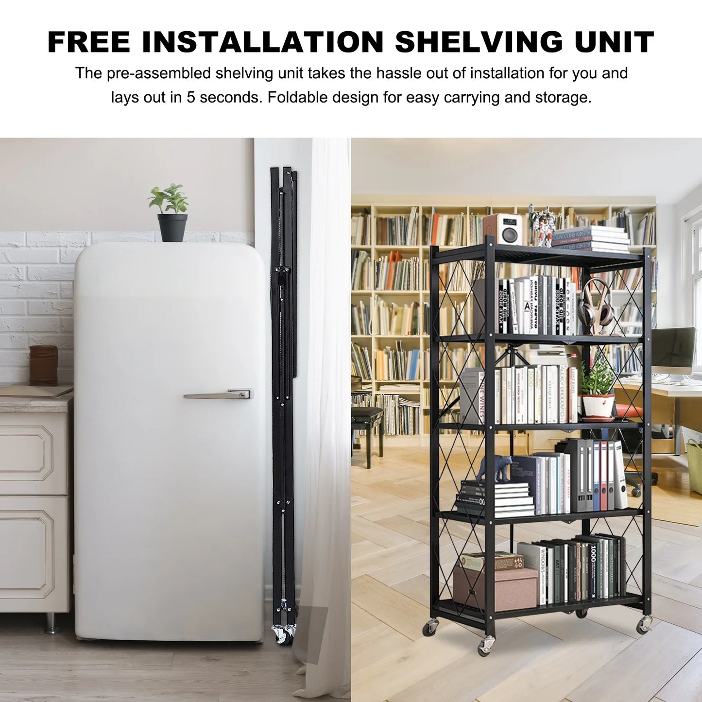 Heavy Duty Adjustable Five‑Tier Metal Shelving With Wheels.
