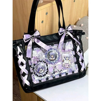 New Japanese Sweet Girl Ulzzang Ita Bag Ribbon Cute Handbag for Women Large Capacity Transparent DIY Badge One-shoulder Tote Bag