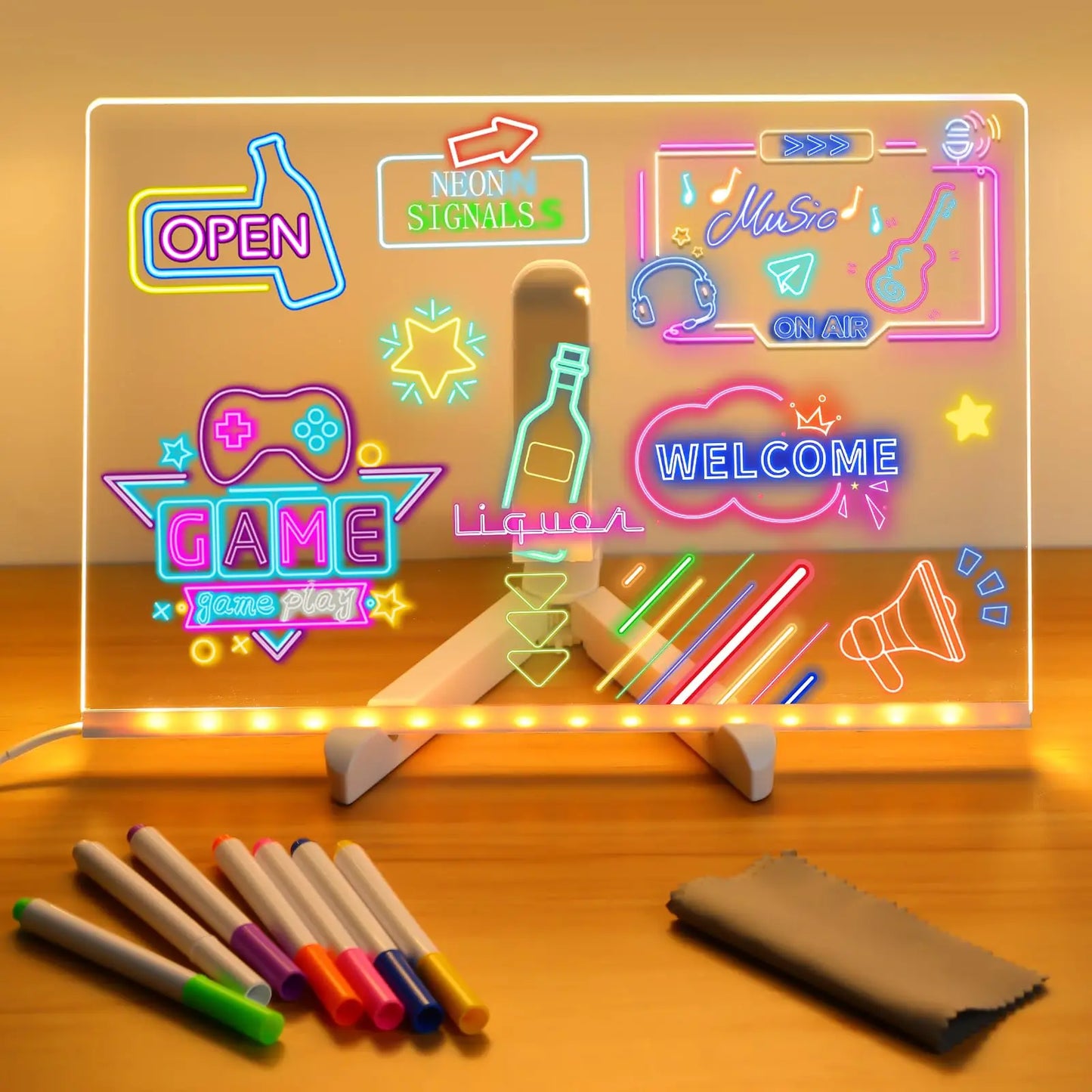 DIY LED Note Board With Night Light Colorful 7 Pens Acrylic Message Board Children‘s Drawing Board For Kids Birthday Gift