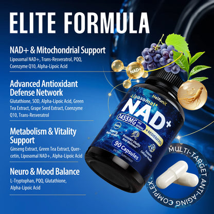 Supplement 1450mg NAD Resveratrol Supplement for Women and Men NAD+ Support Cellular Health Anti Aging 90 Count