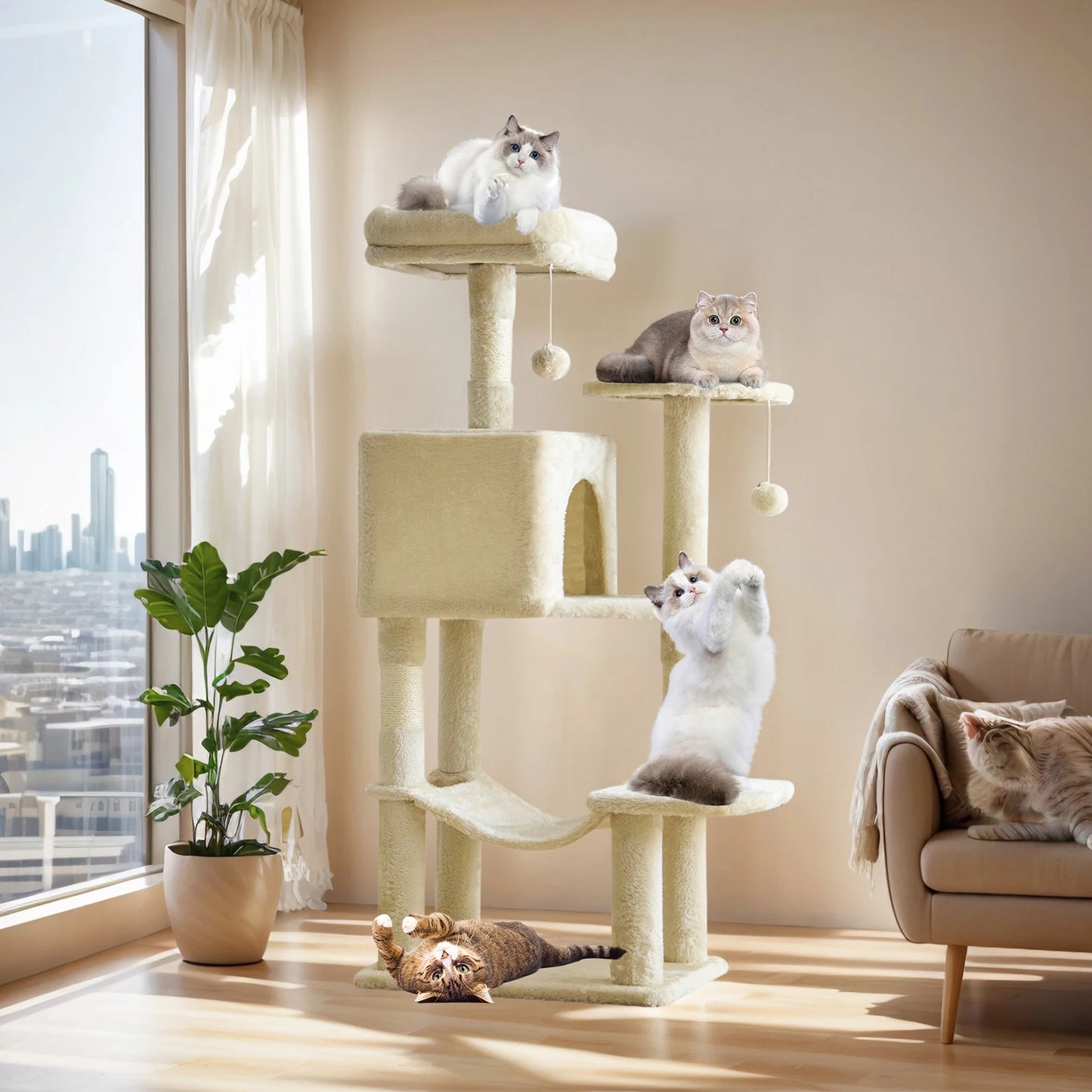 MCQ 44IN Cat Tree Tower Cat Climbing Tower with Natural Sisal Scratching Posts Pet Condo for Indoor Cats and Kittens Play