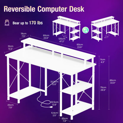 JHK 48‑Inch Computer Desk With Storage, Outlets, LED.
