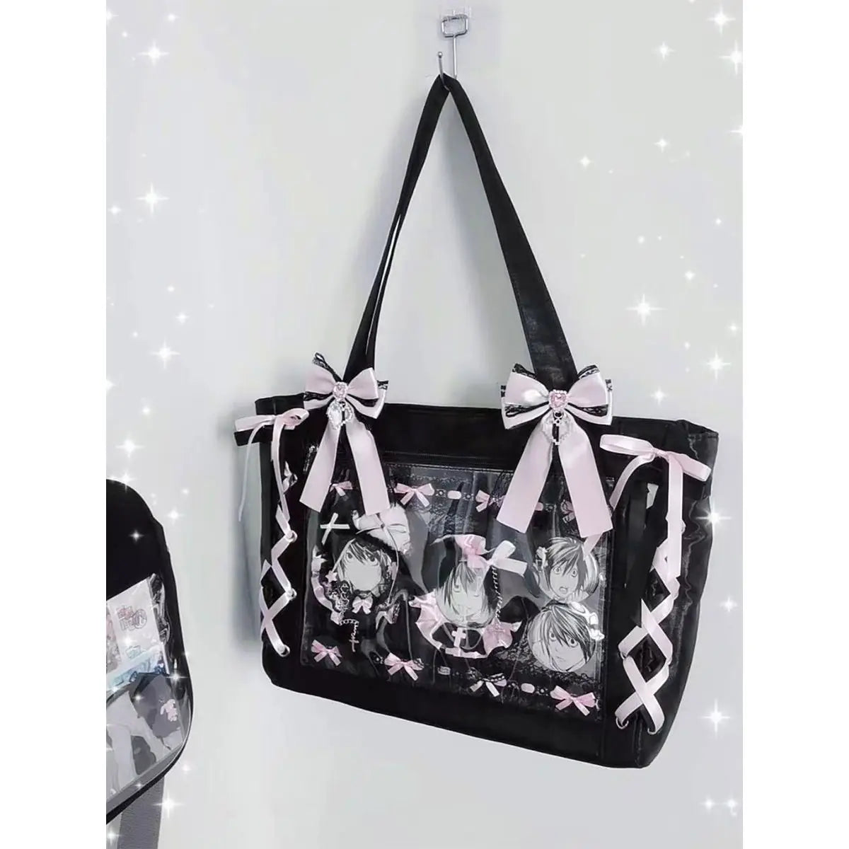 New Japanese Sweet Girl Ulzzang Ita Bag Ribbon Cute Handbag for Women Large Capacity Transparent DIY Badge One-shoulder Tote Bag